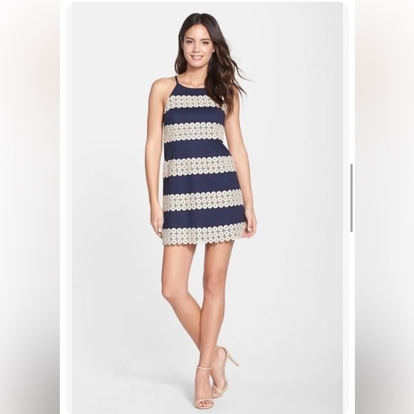 Lilly Pulitzer Annabelle True Navy/Metallic Gold Lace Stripe Shift Dress 4 - Picture 1 of 15